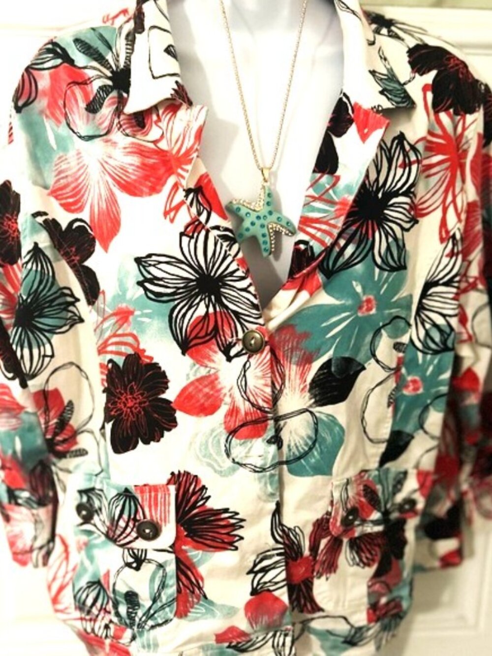 Floral Print Women's Jacket W Starfish Necklace Size -Medium